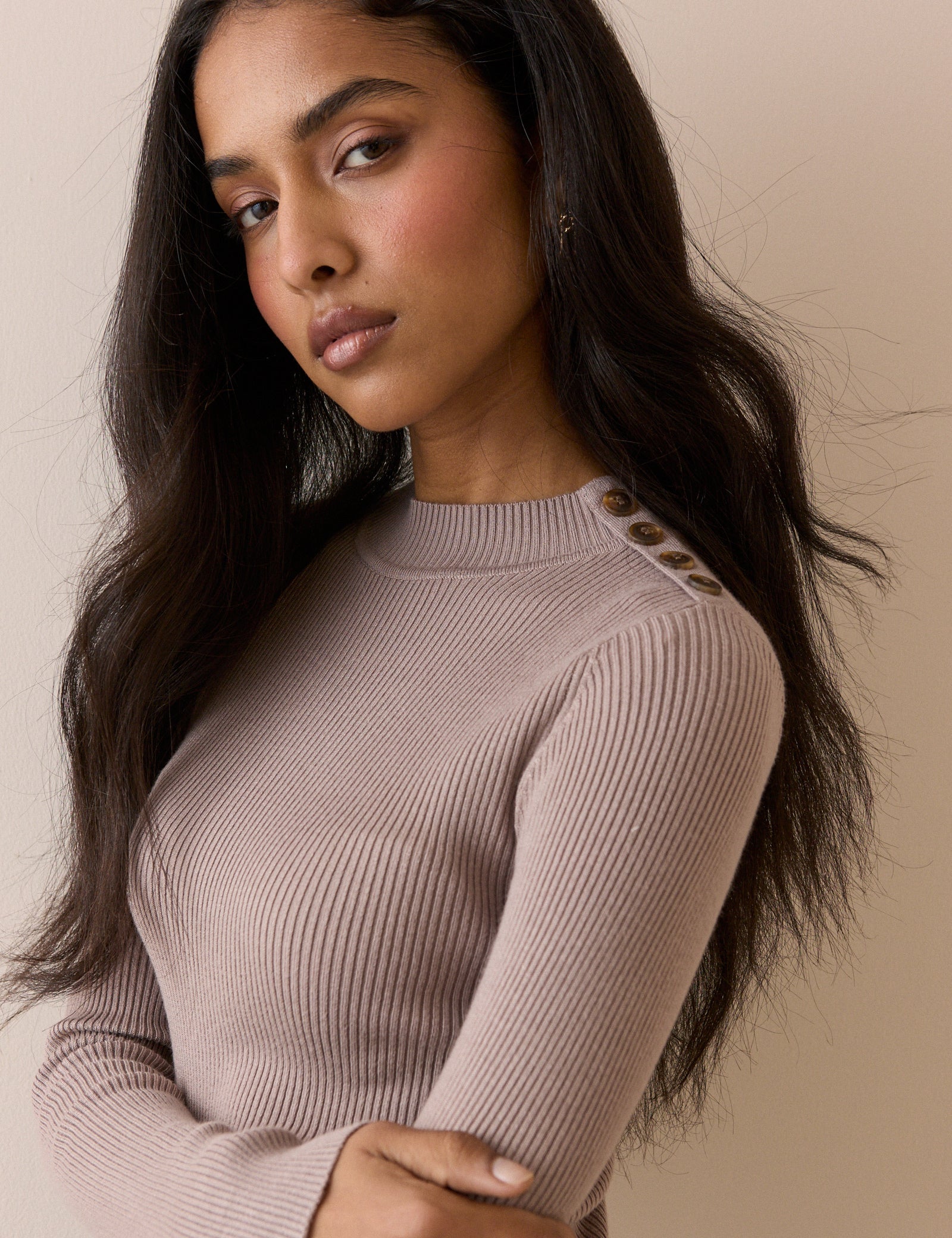 Mauve Button Shoulder Long Sleeve Top - Image 5