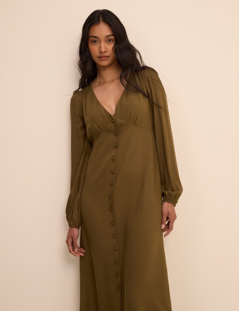 Green Button Front Neck Midaxi Dress