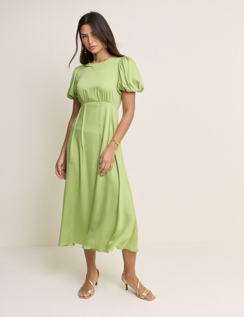 Green Puff Sleeve Short Midaxi Dress