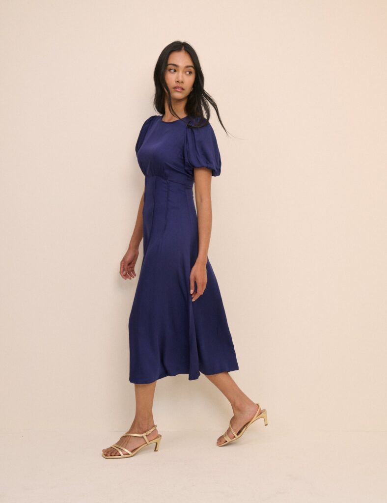 Navy Blue Puff Sleeve Short Midi Dress