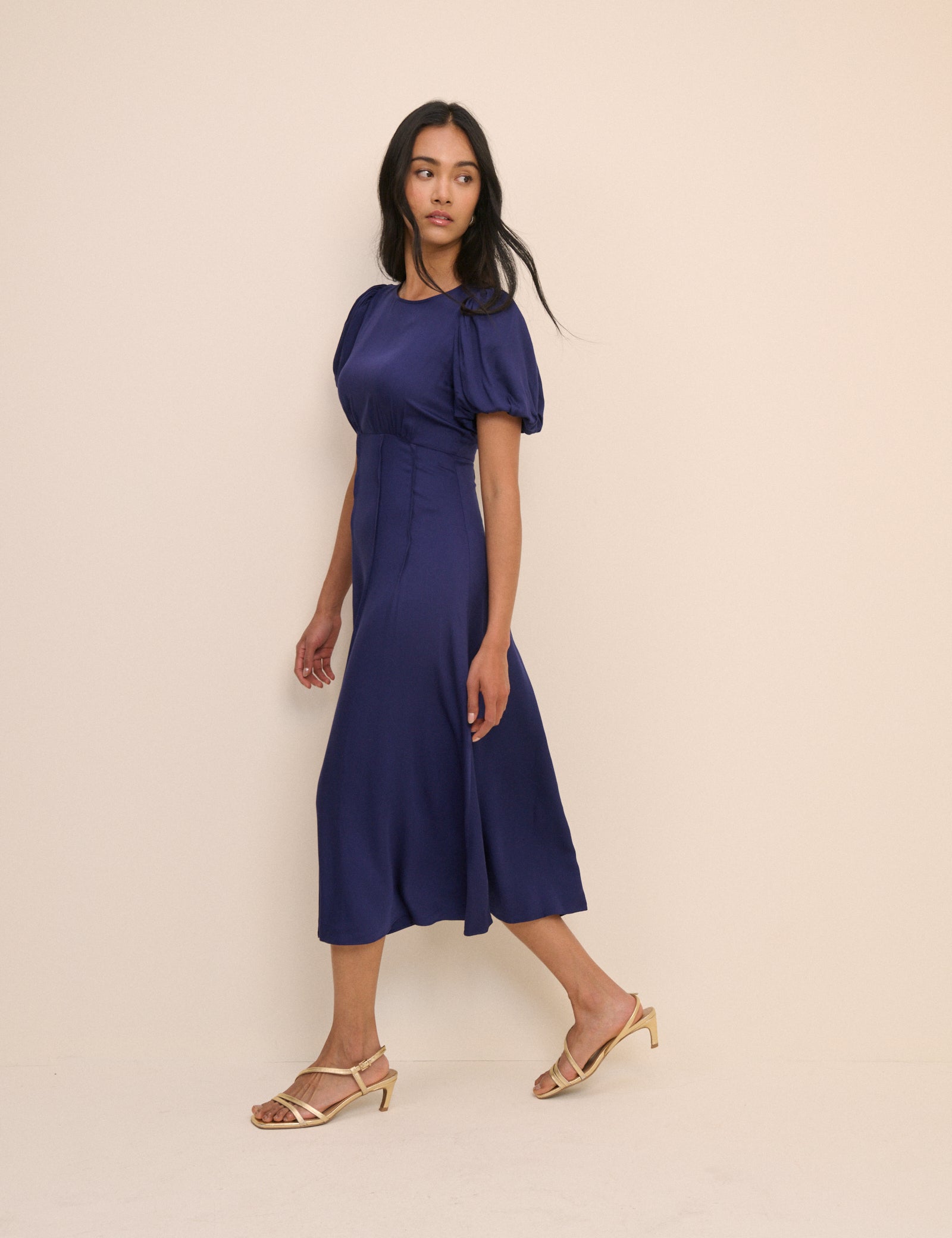Navy Blue Puff Sleeve Short Midi Dress
