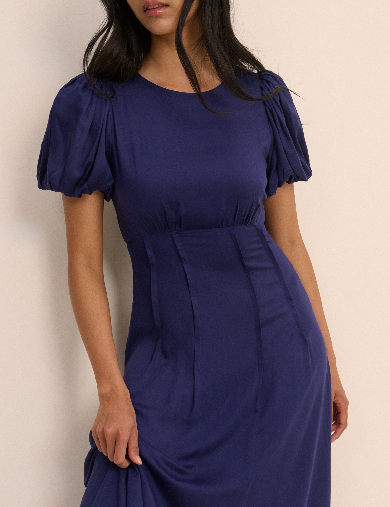 Navy Blue Puff Sleeve Short Midi Dress - Image 4