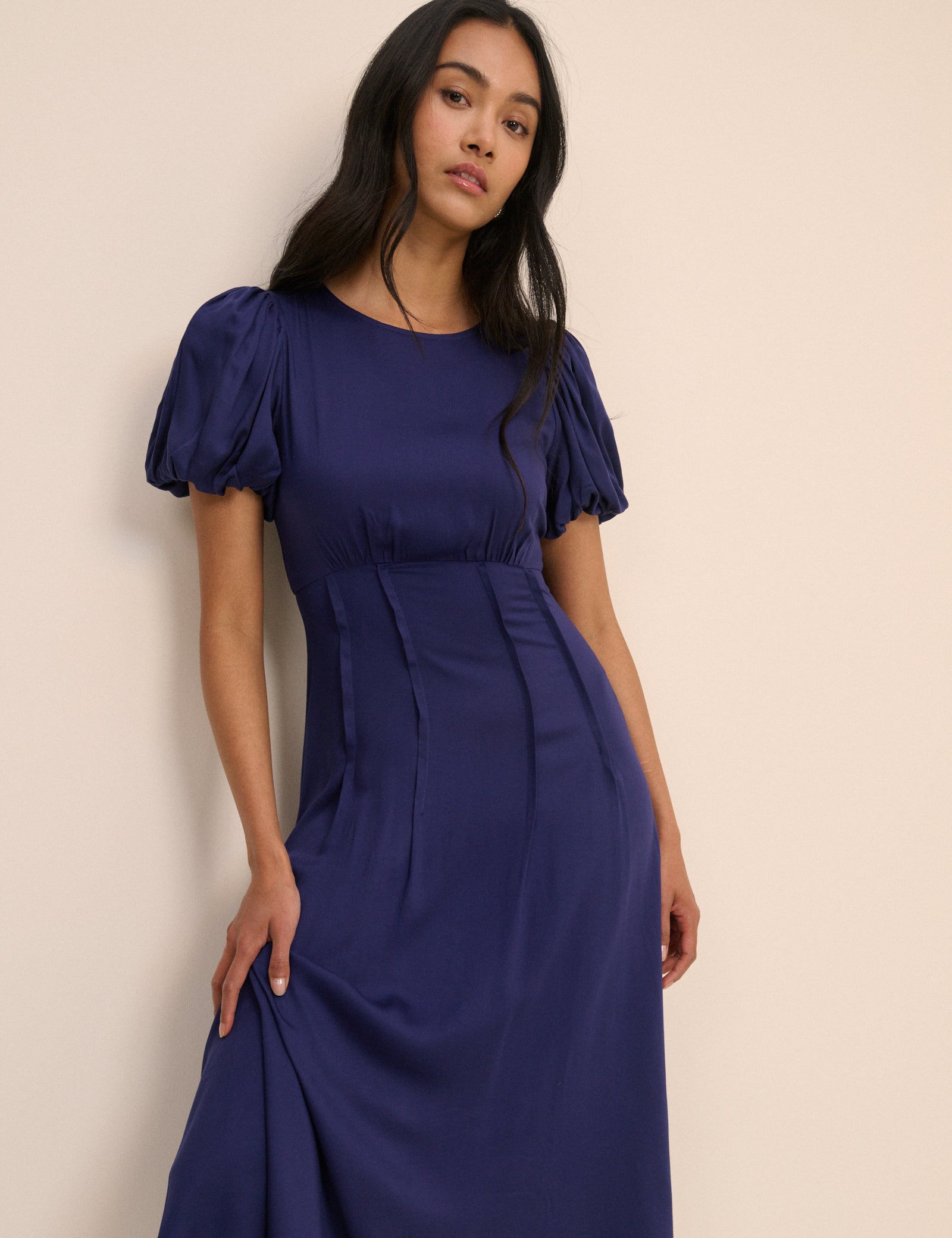 Navy Blue Puff Sleeve Short Midi Dress - Image 2