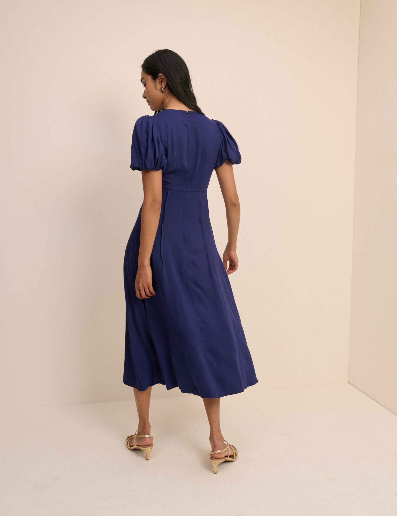 Navy Blue Puff Sleeve Short Midi Dress - Image 5