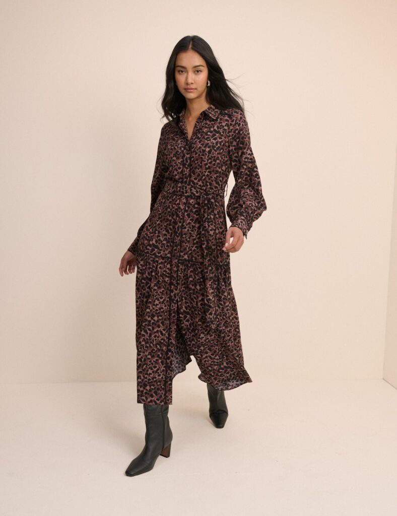 Brown Leopard Print Button Front Midaxi Dress
