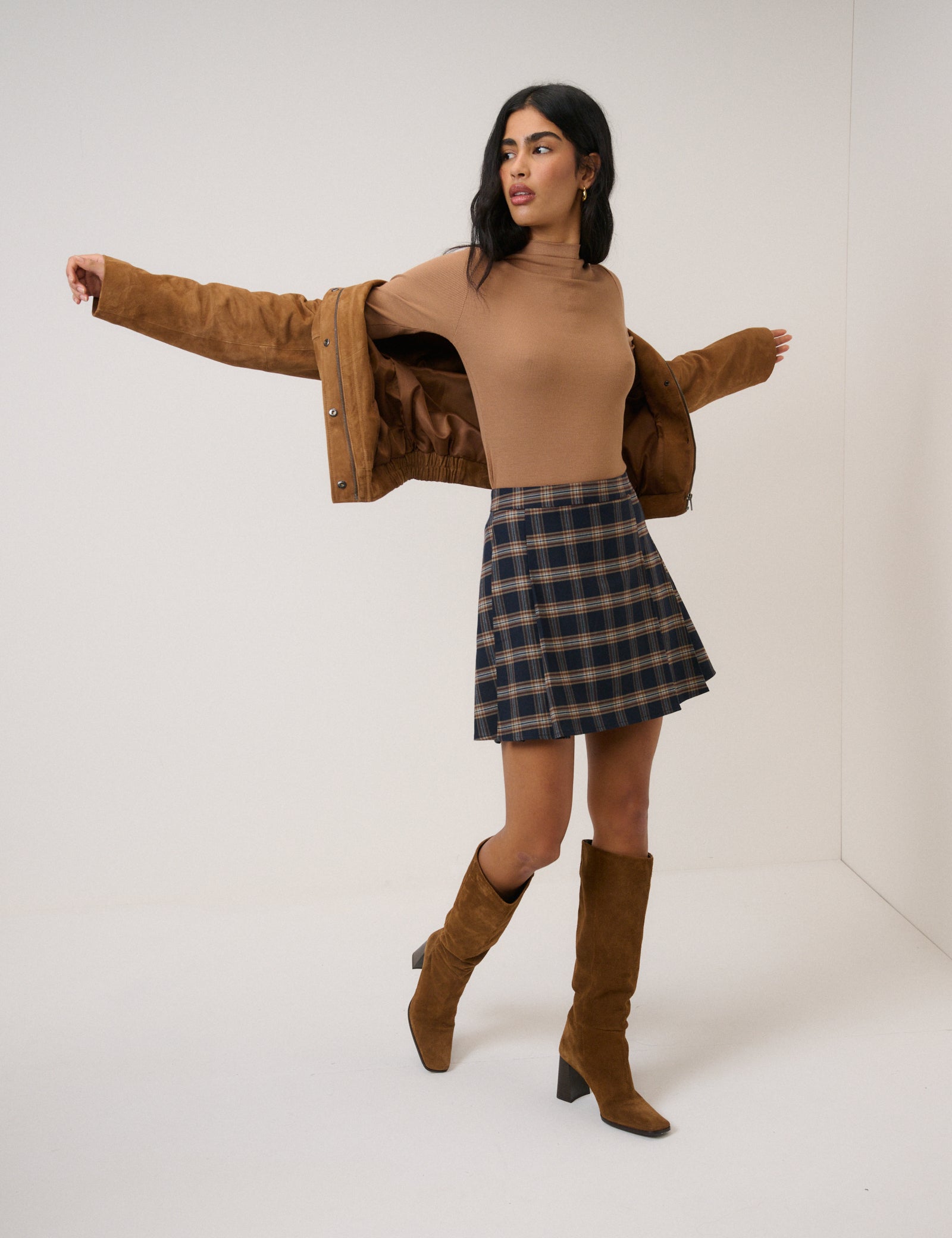 Navy Tartan High Waisted Pleated Skirt