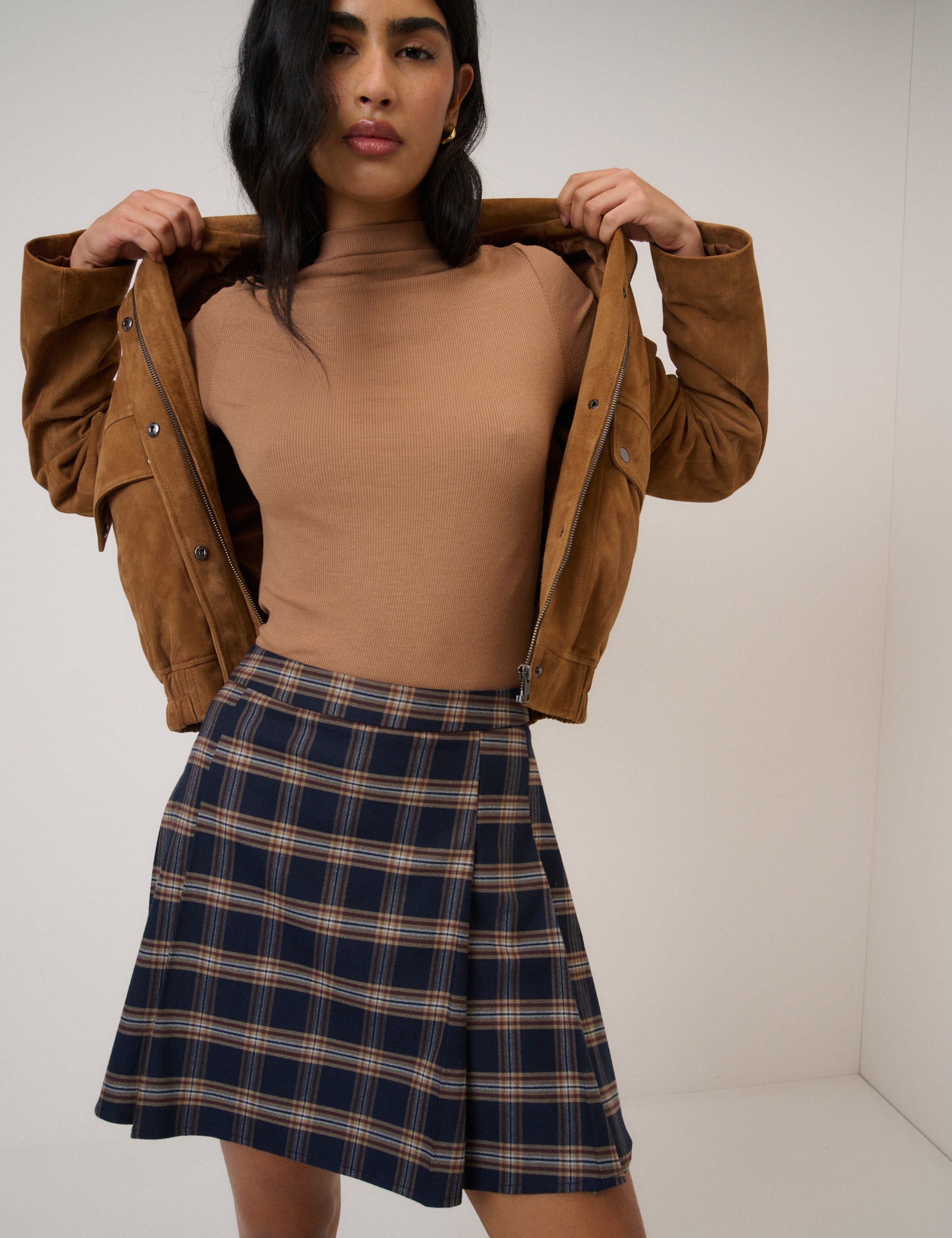 Navy Tartan High Waisted Pleated Skirt - Image 2