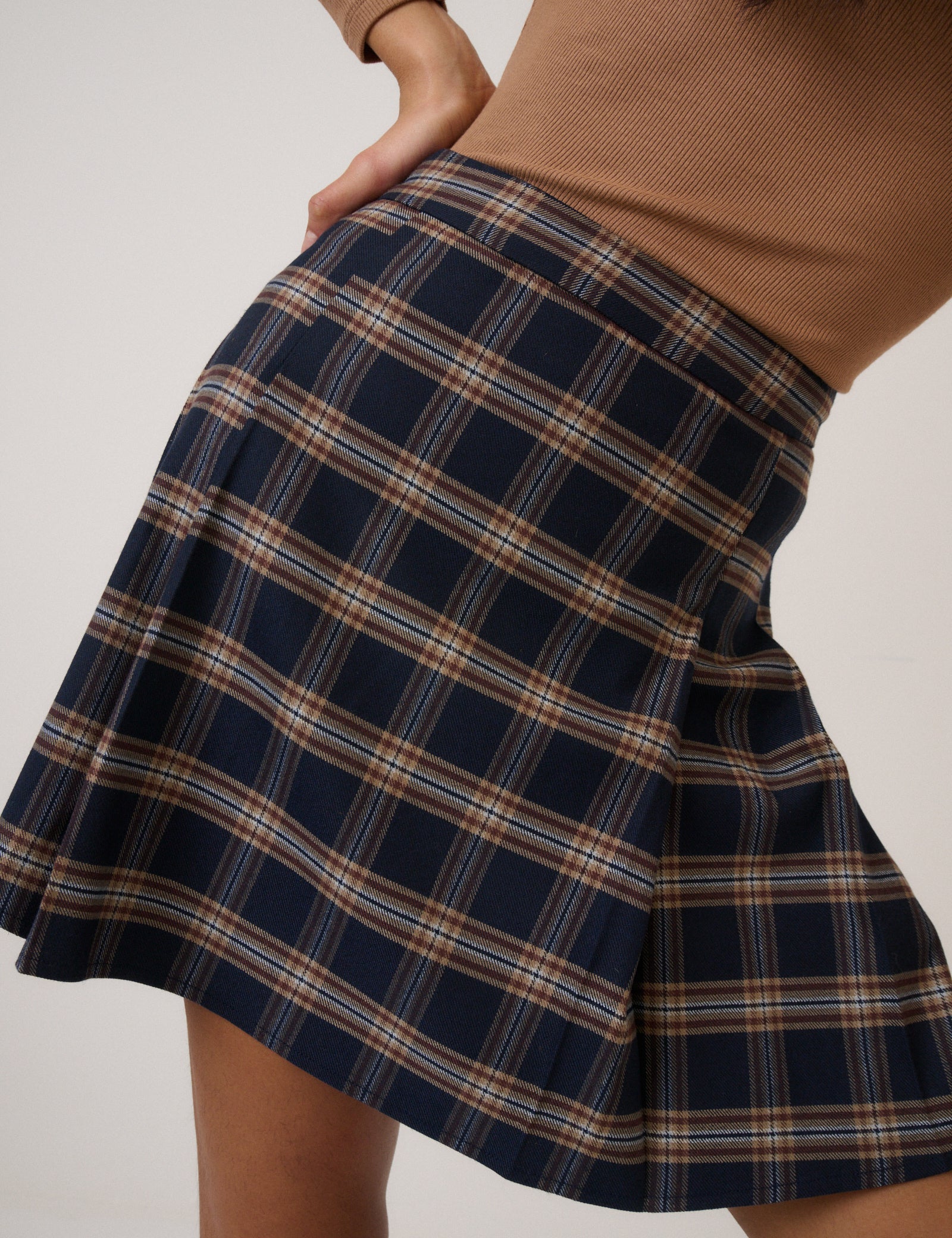 Navy Tartan High Waisted Pleated Skirt - Image 3