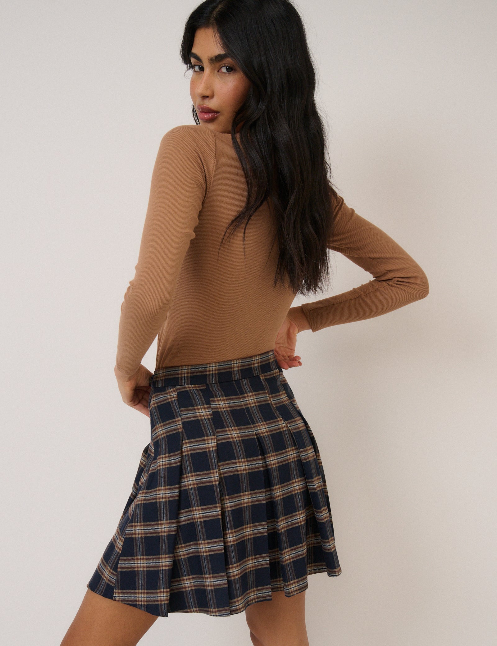 Navy Tartan High Waisted Pleated Skirt - Image 4