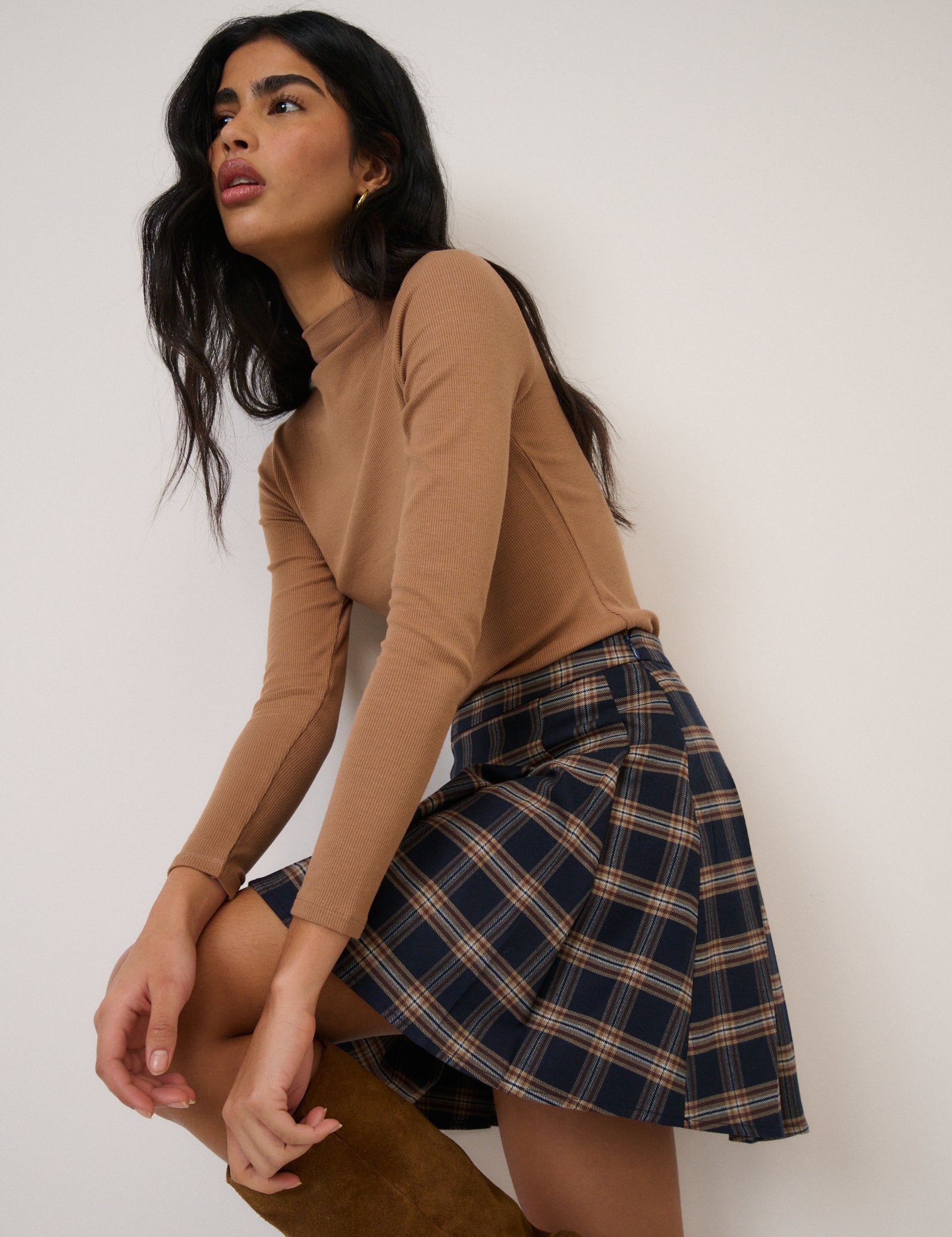 Navy Tartan High Waisted Pleated Skirt - Image 5