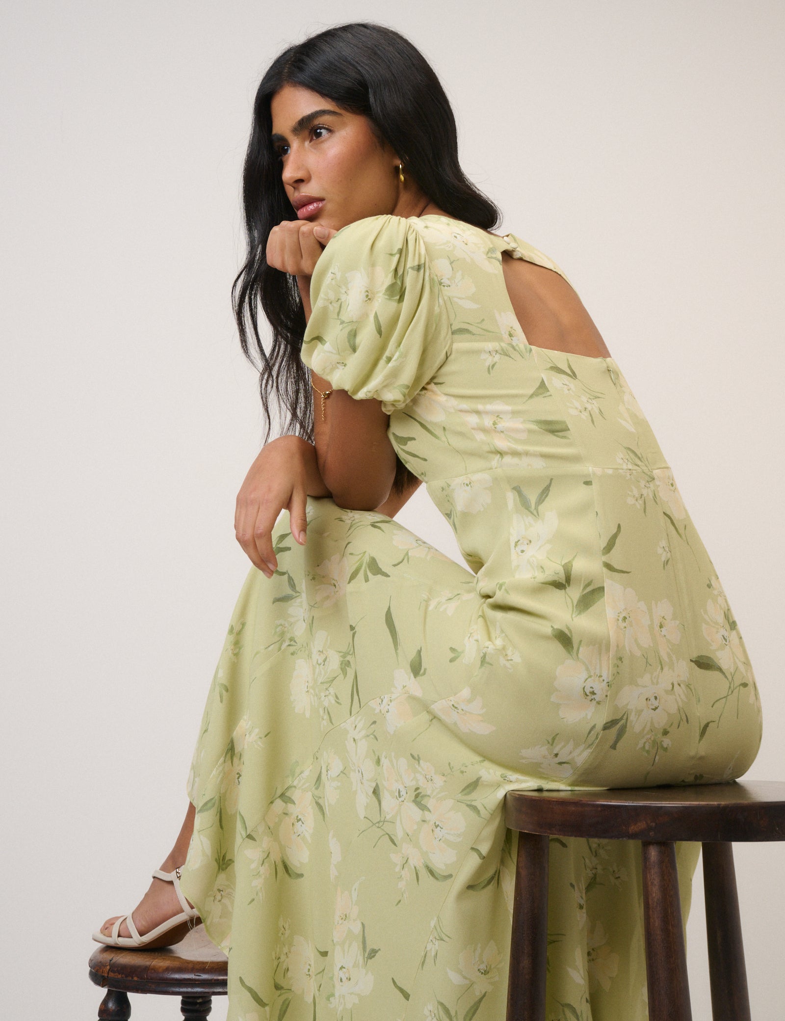 Green Sage Floral Chiffon Puff Sleeve Midaxi Dress - Image 2