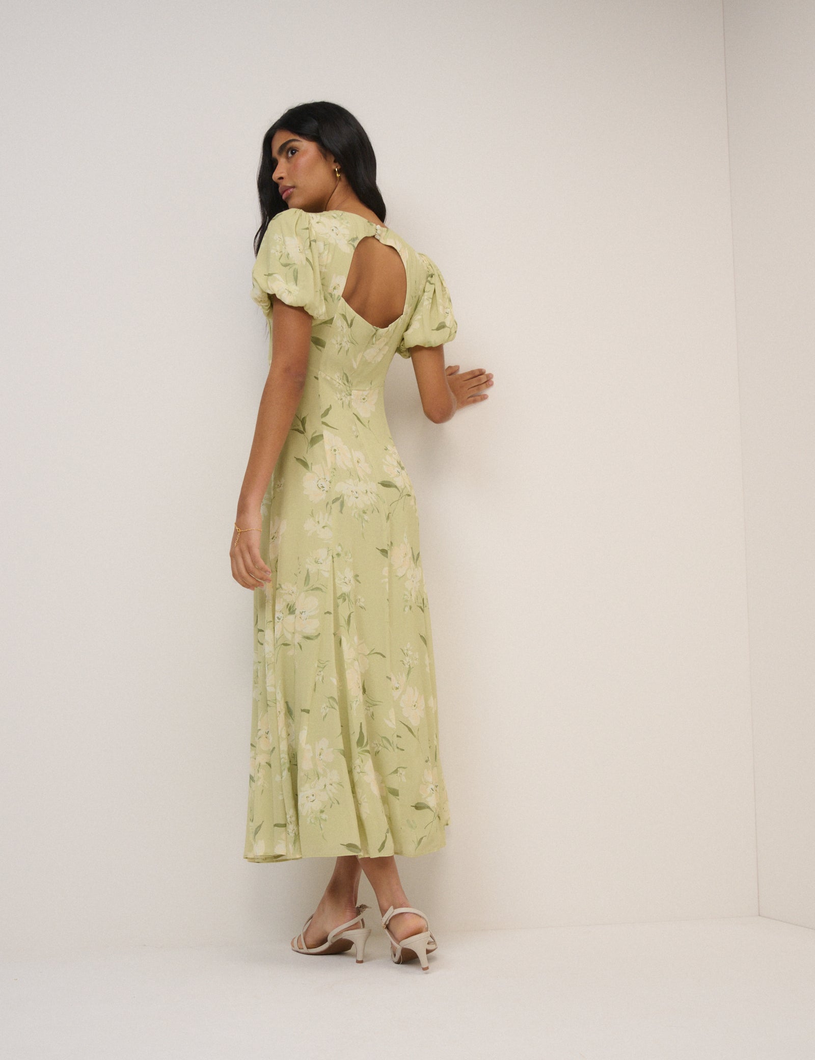 Green Sage Floral Chiffon Puff Sleeve Midaxi Dress - Image 5