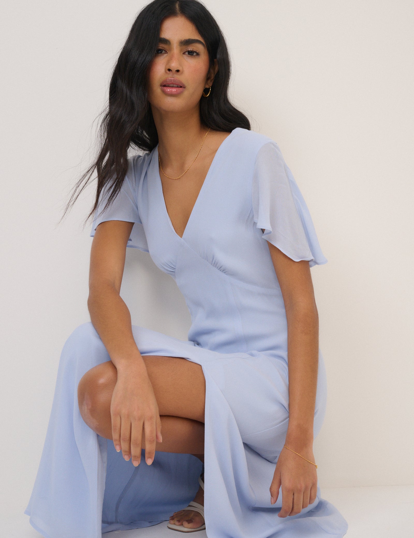 Blue Chiffon Neck Short Sleeve Midaxi Dress - Image 3