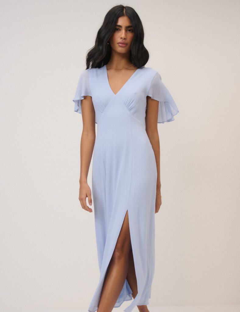 Blue Chiffon Neck Short Sleeve Midaxi Dress