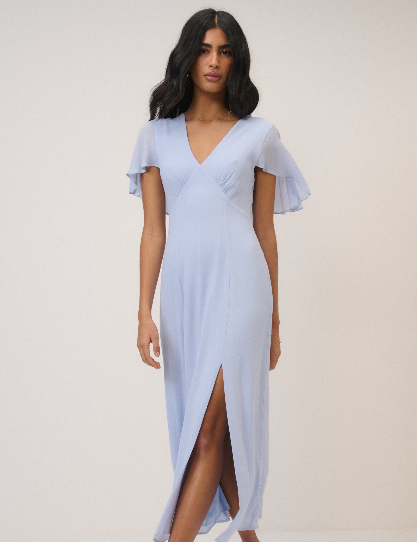 Blue Chiffon Neck Short Sleeve Midaxi Dress