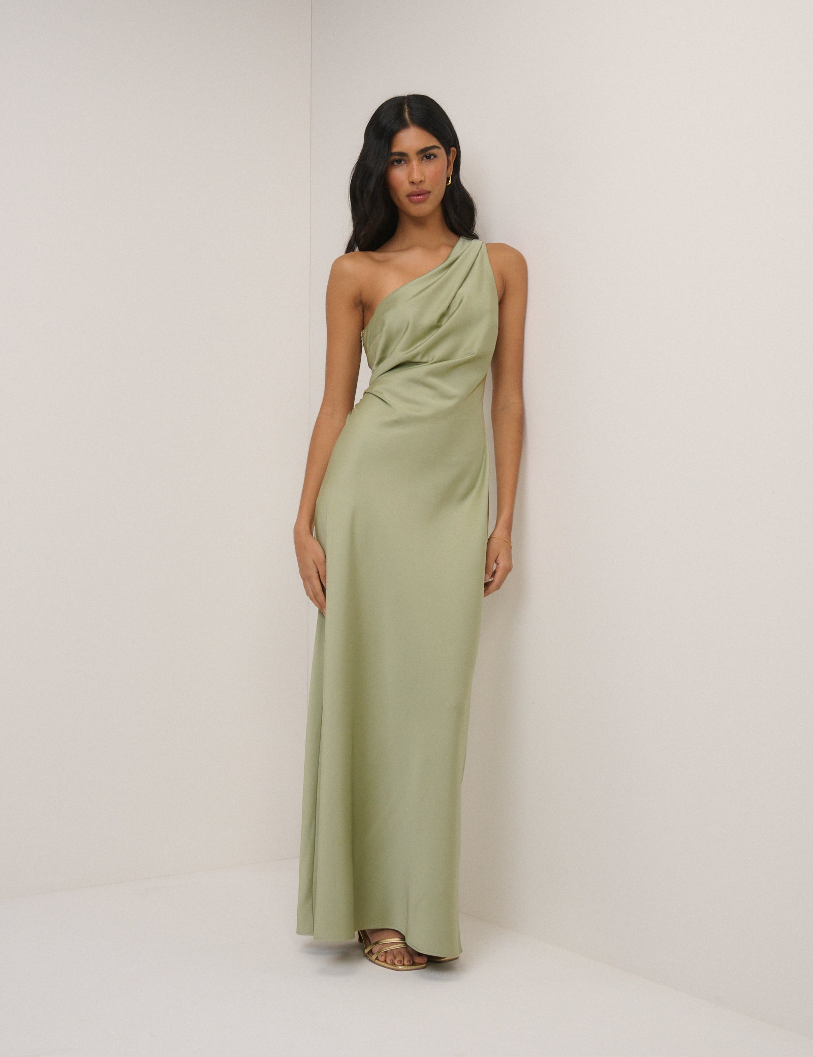 Green Sage Satin Sleeveless One Shoulder Midaxi Dress - Image 4