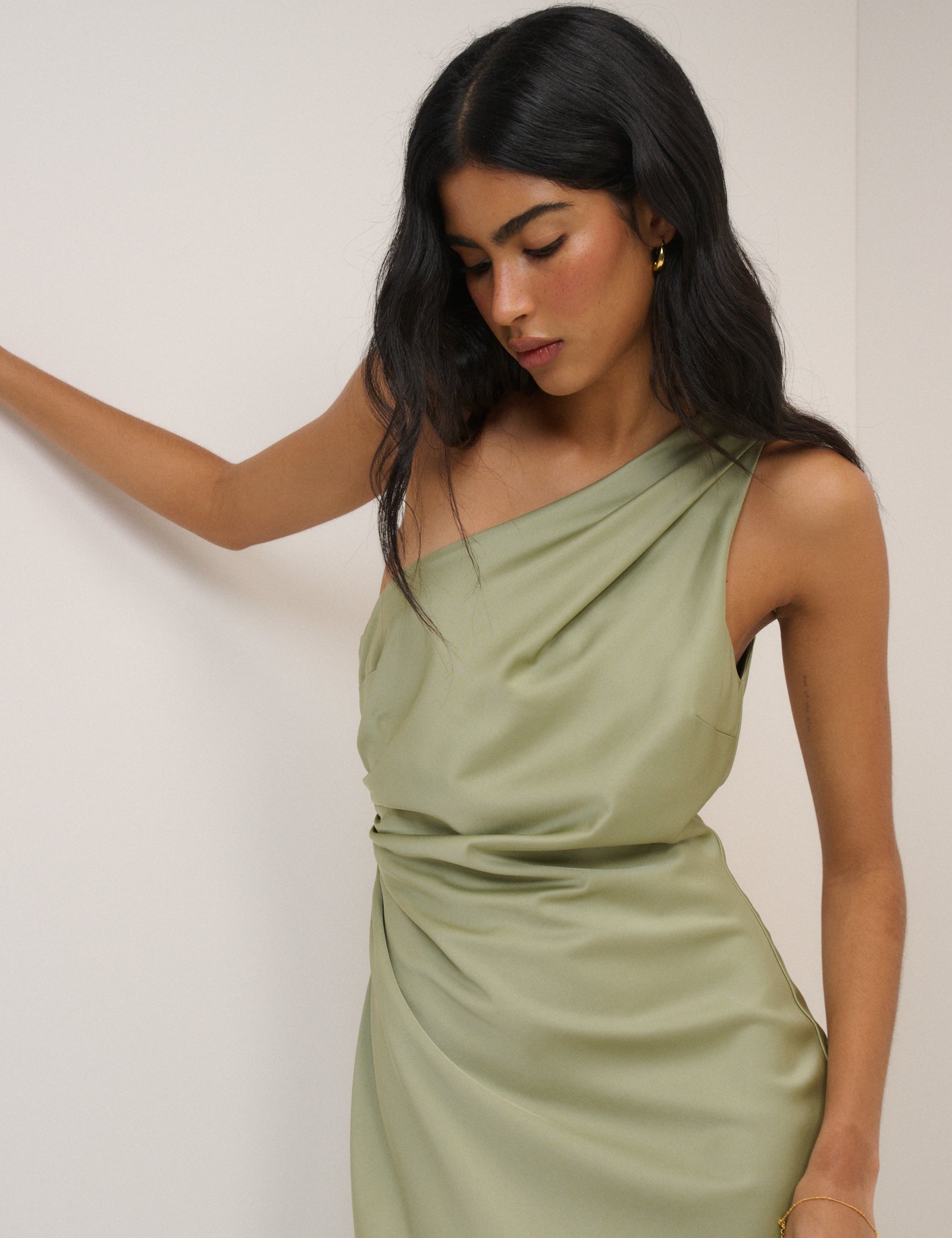 Green Sage Satin Sleeveless One Shoulder Midaxi Dress - Image 5