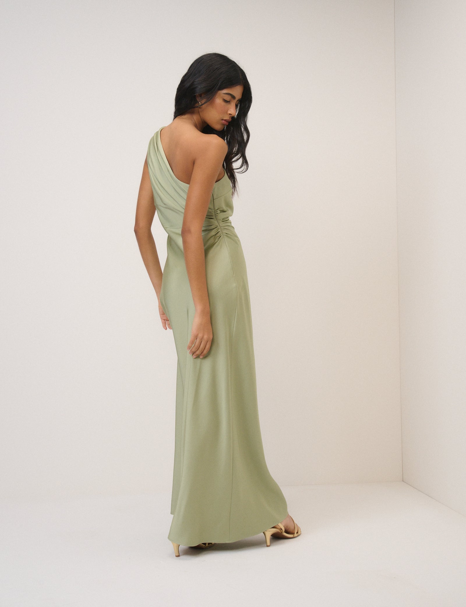 Green Sage Satin Sleeveless One Shoulder Midaxi Dress - Image 3