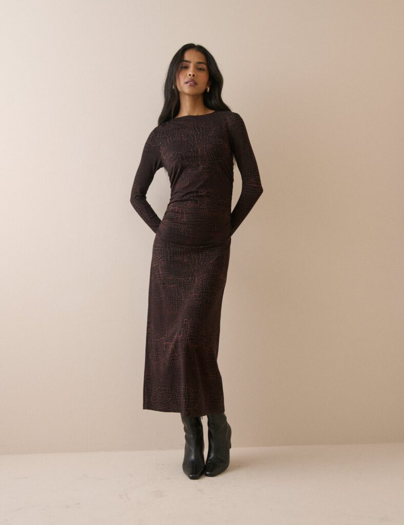 Brown Animal Print Jersey Long Sleeve Midaxi Dress