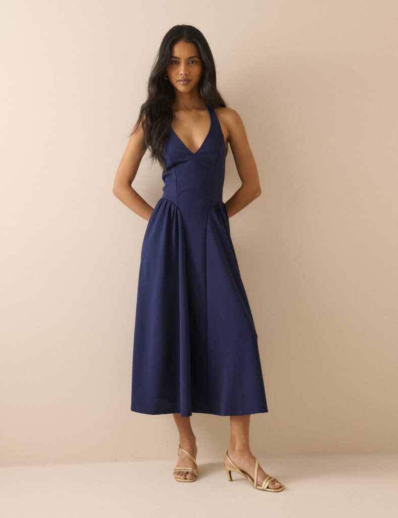 Navy Jersey Drop Waist Neck Midaxi Dress