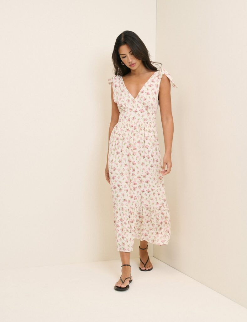 White Floral Tiered Neck Midi Dress