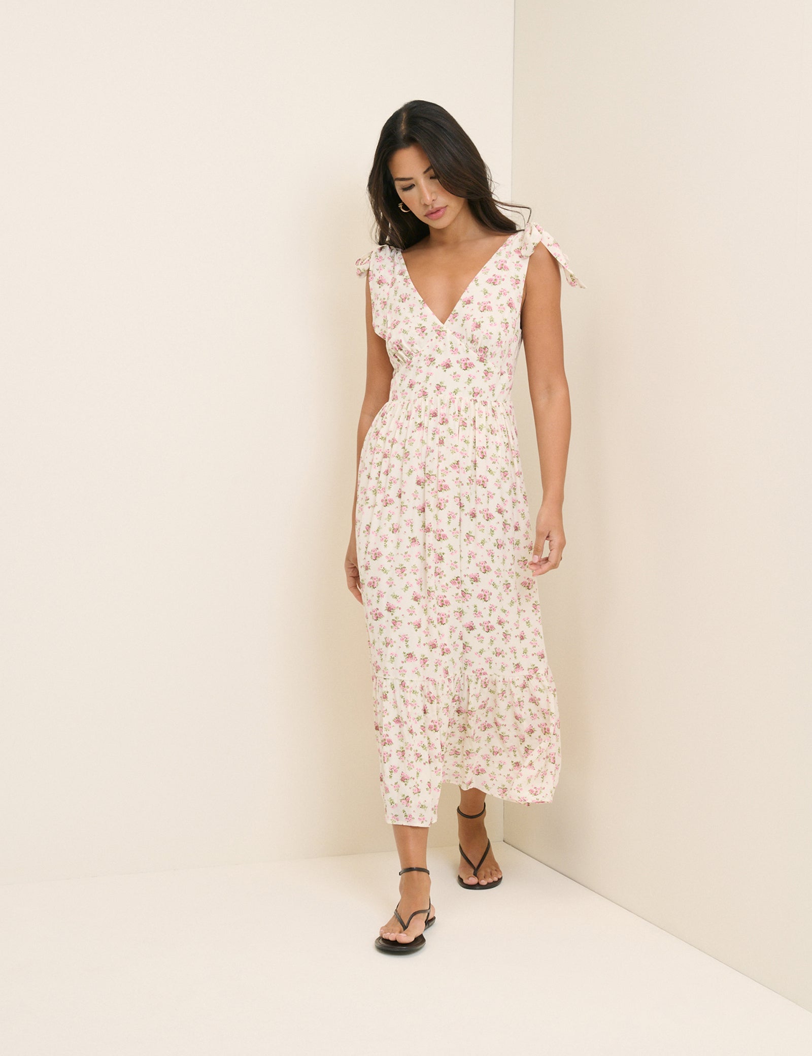 White Floral Tiered Neck Midi Dress