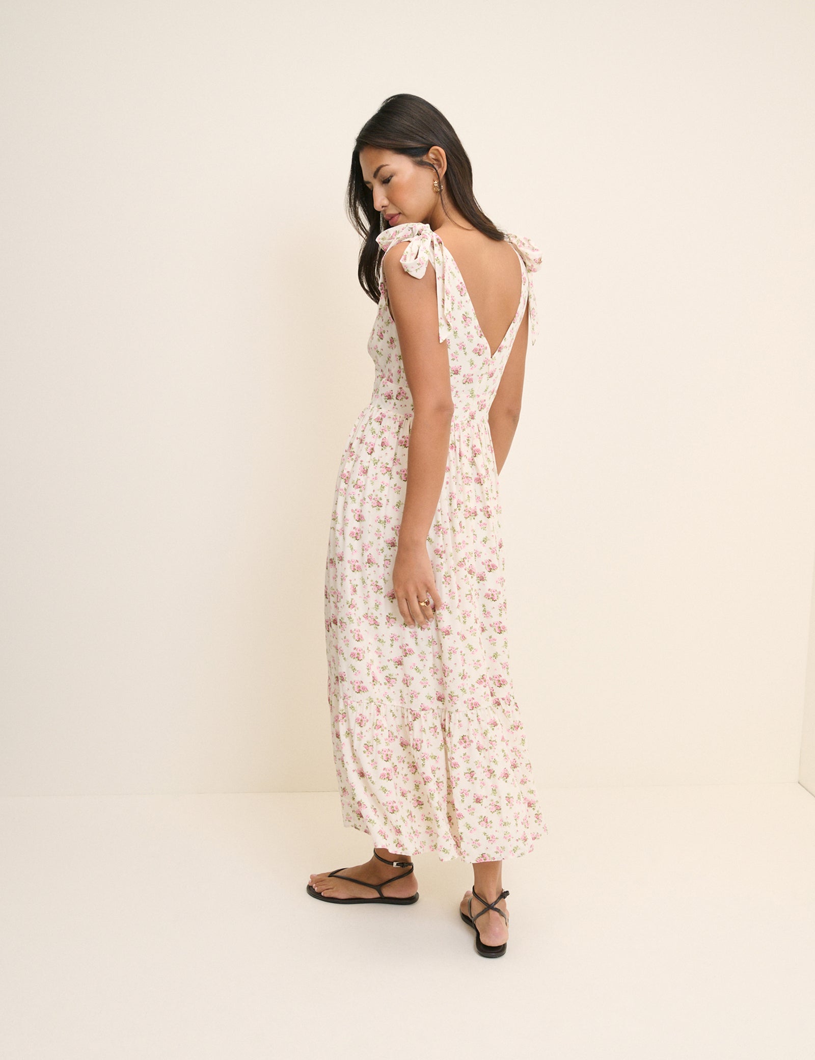 White Floral Tiered Neck Midi Dress - Image 5