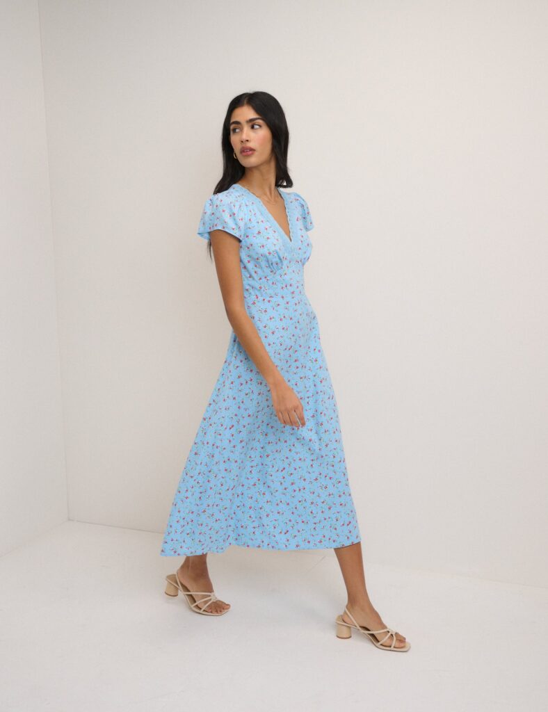 Blue Floral Lace Neck Midi Dress