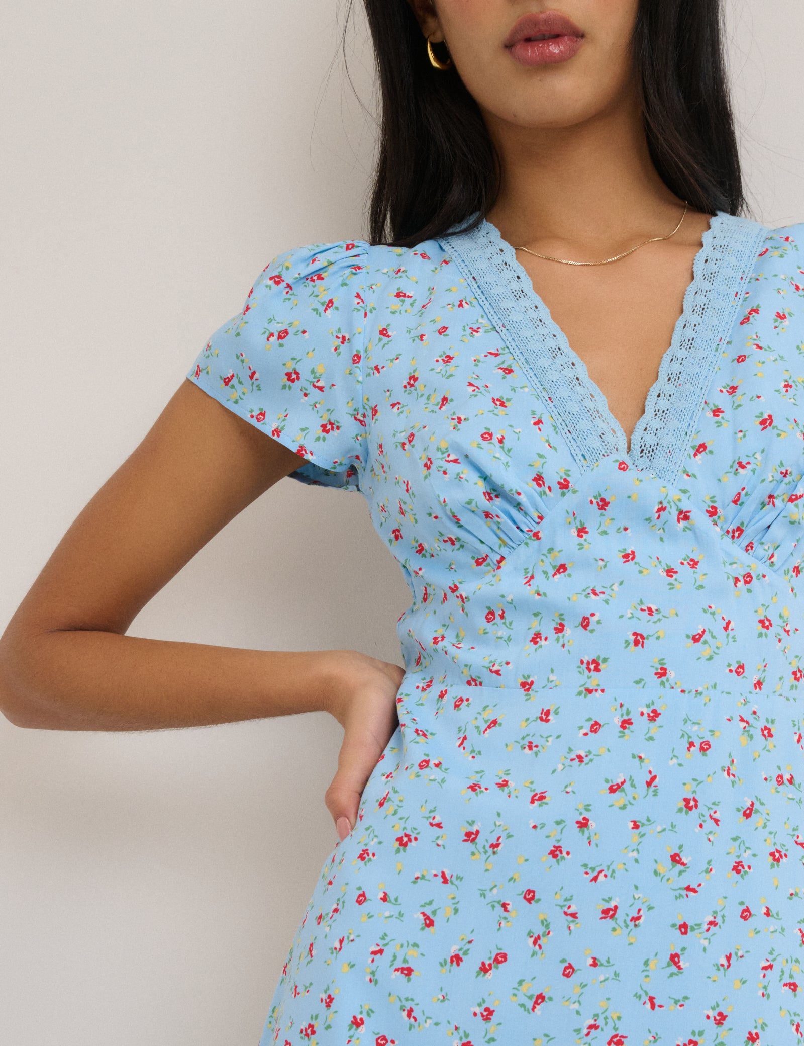 Blue Floral Lace Neck Midi Dress - Image 3