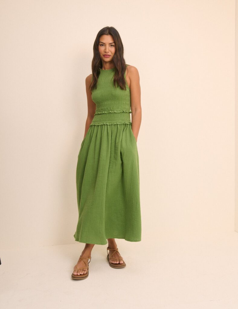 Green Cotton Shirred Sleeveless Ruffle Detail Midaxi Dress