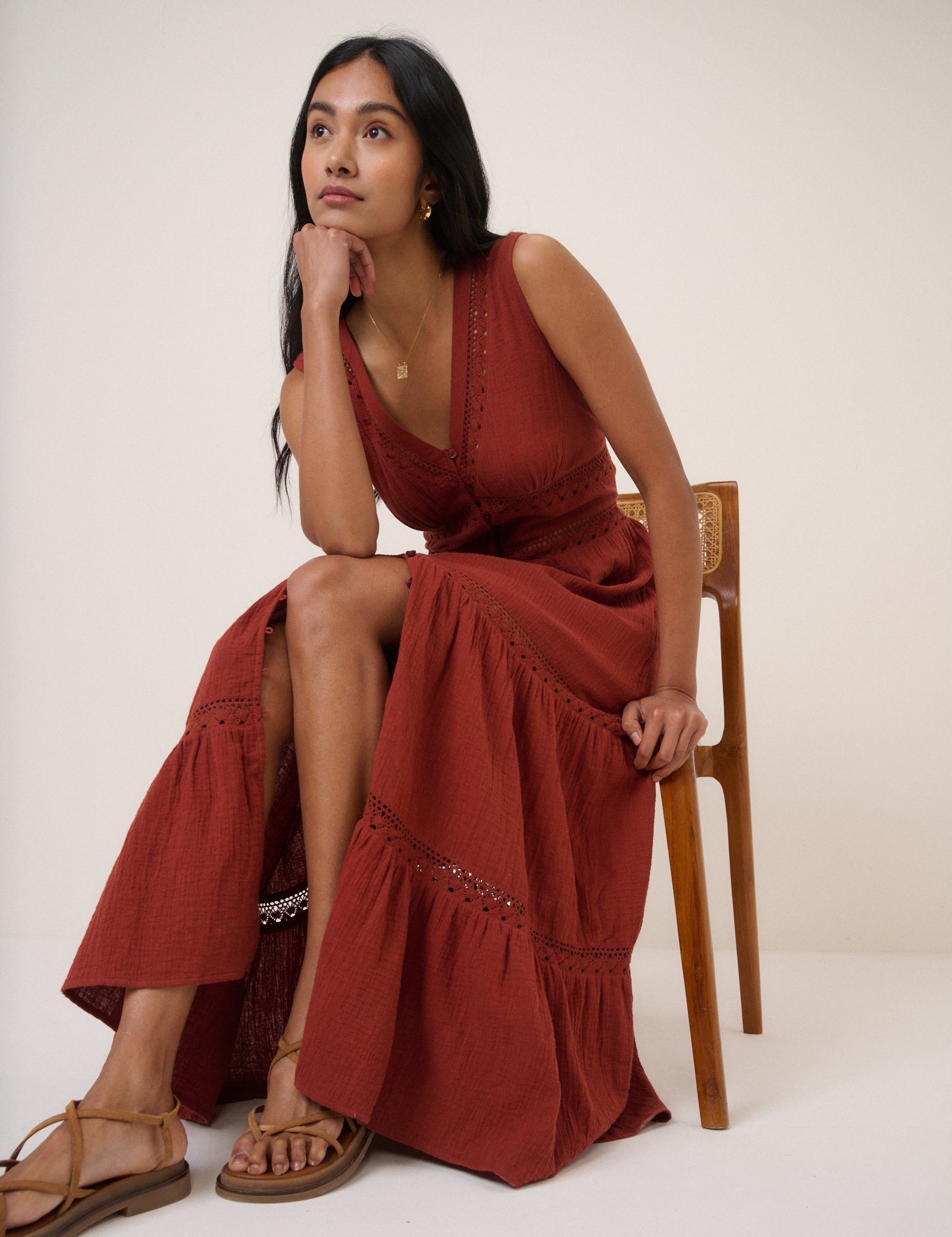 Brown Orange Cotton Button Front Midaxi Dress - Image 5