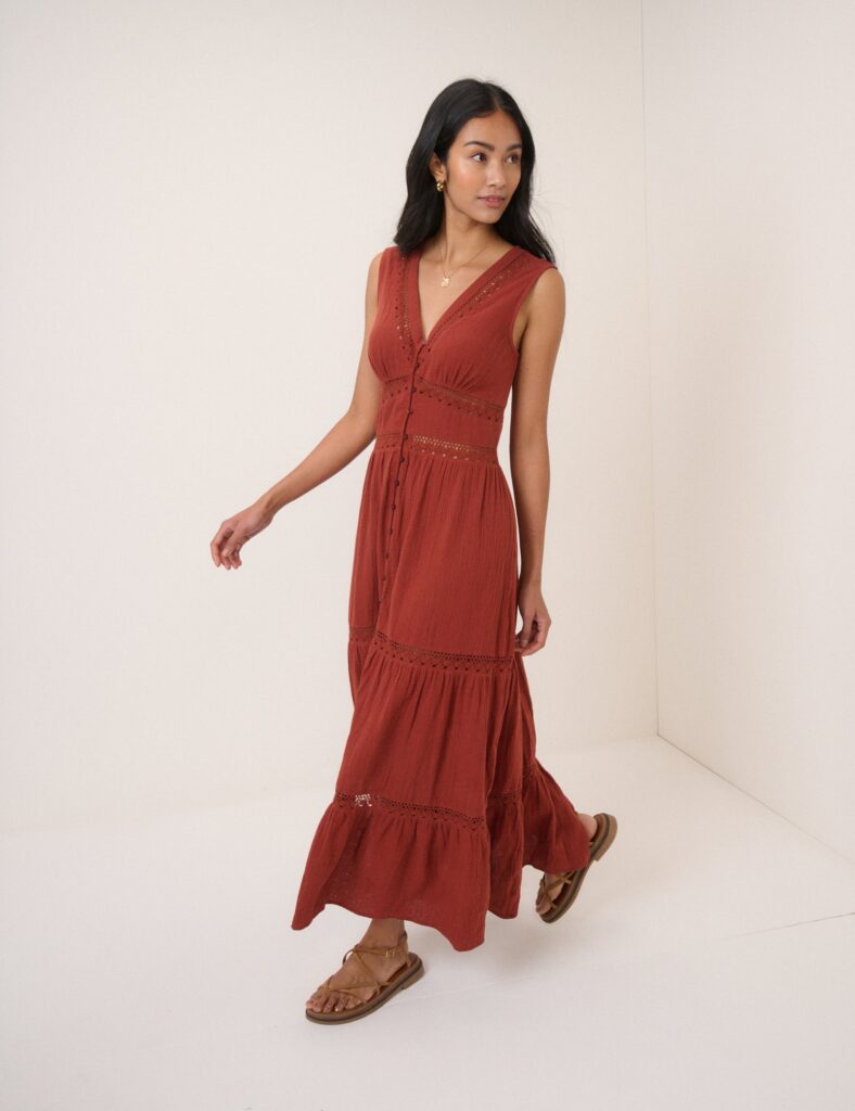 Brown Orange Cotton Button Front Midaxi Dress