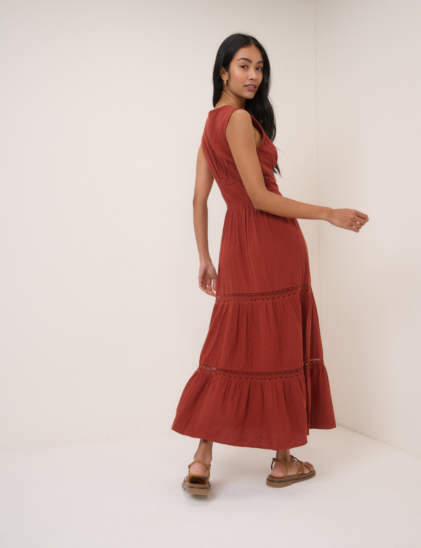Brown Orange Cotton Button Front Midaxi Dress - Image 6