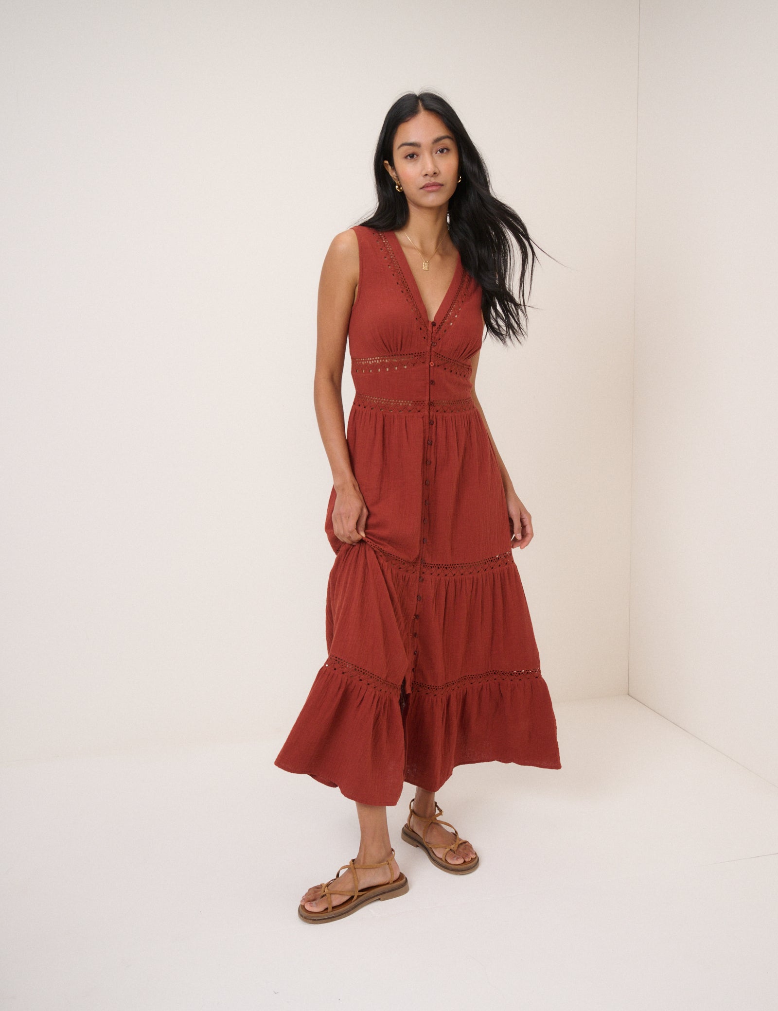Brown Orange Cotton Button Front Midaxi Dress - Image 4