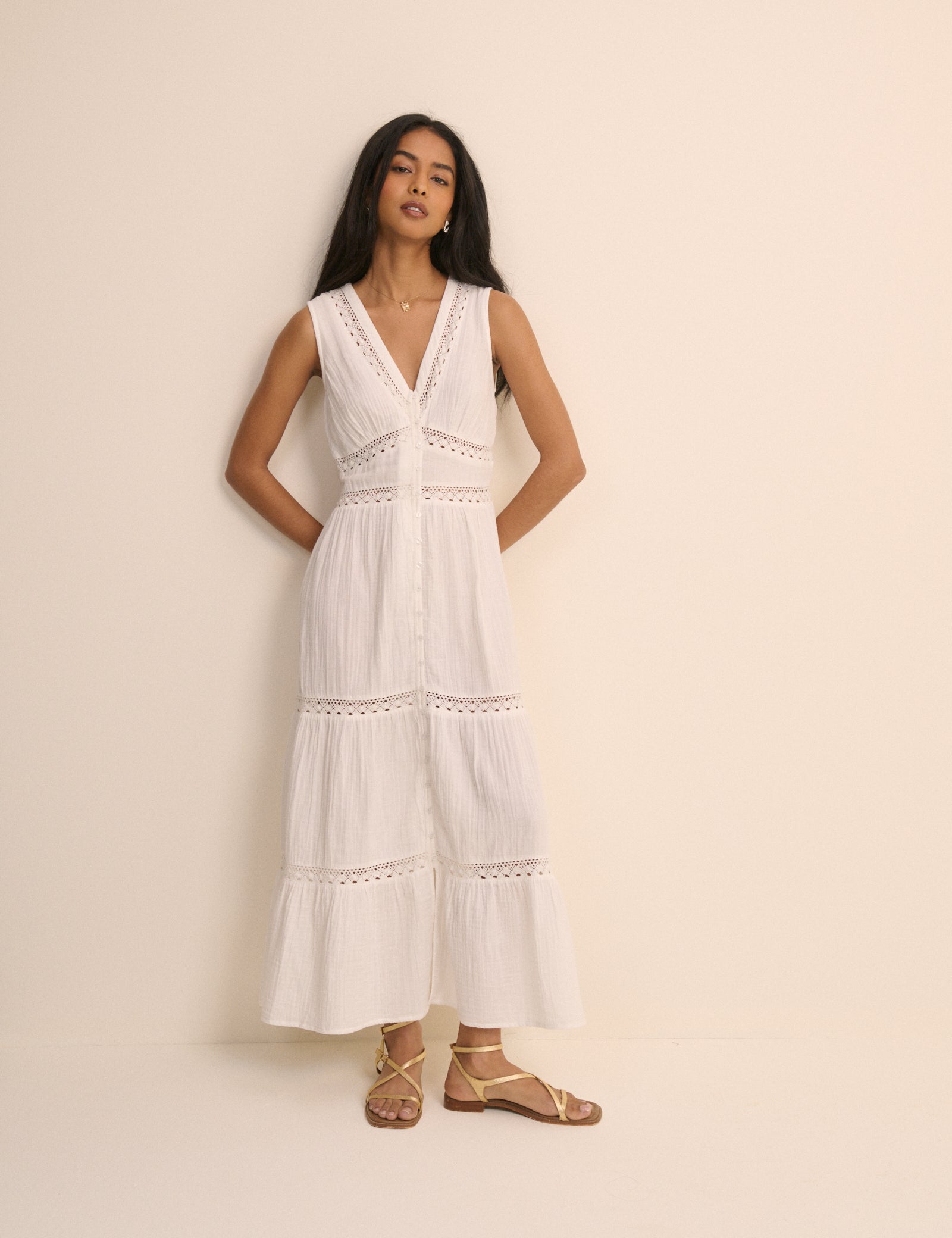White Cotton Button Front Tiered Classic Midaxi Dress