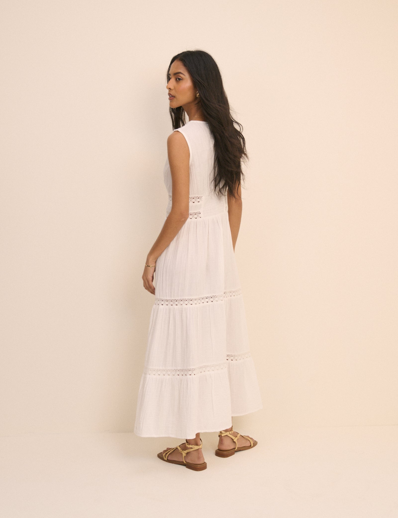 White Cotton Button Front Tiered Classic Midaxi Dress - Image 5