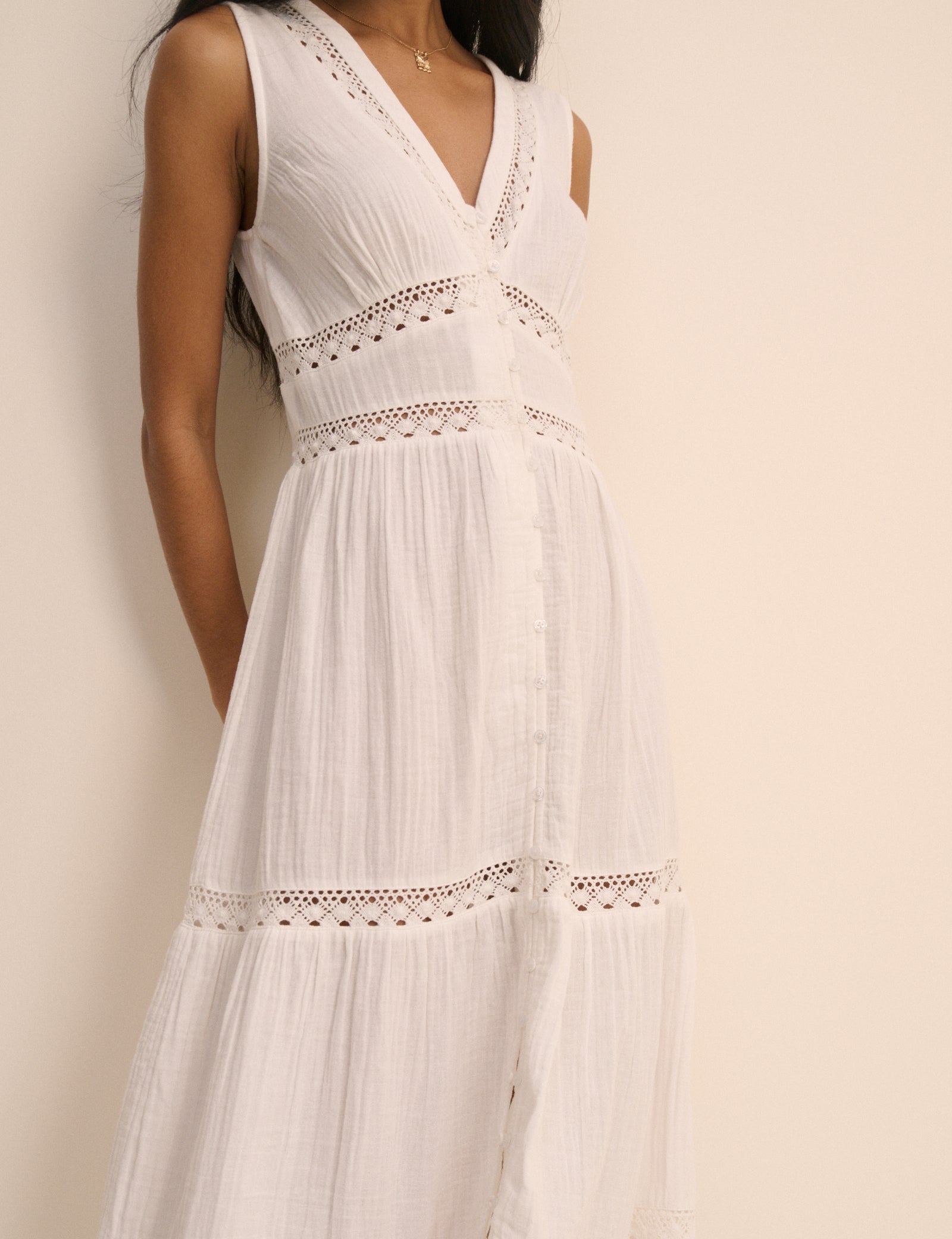White Cotton Button Front Tiered Classic Midaxi Dress - Image 4