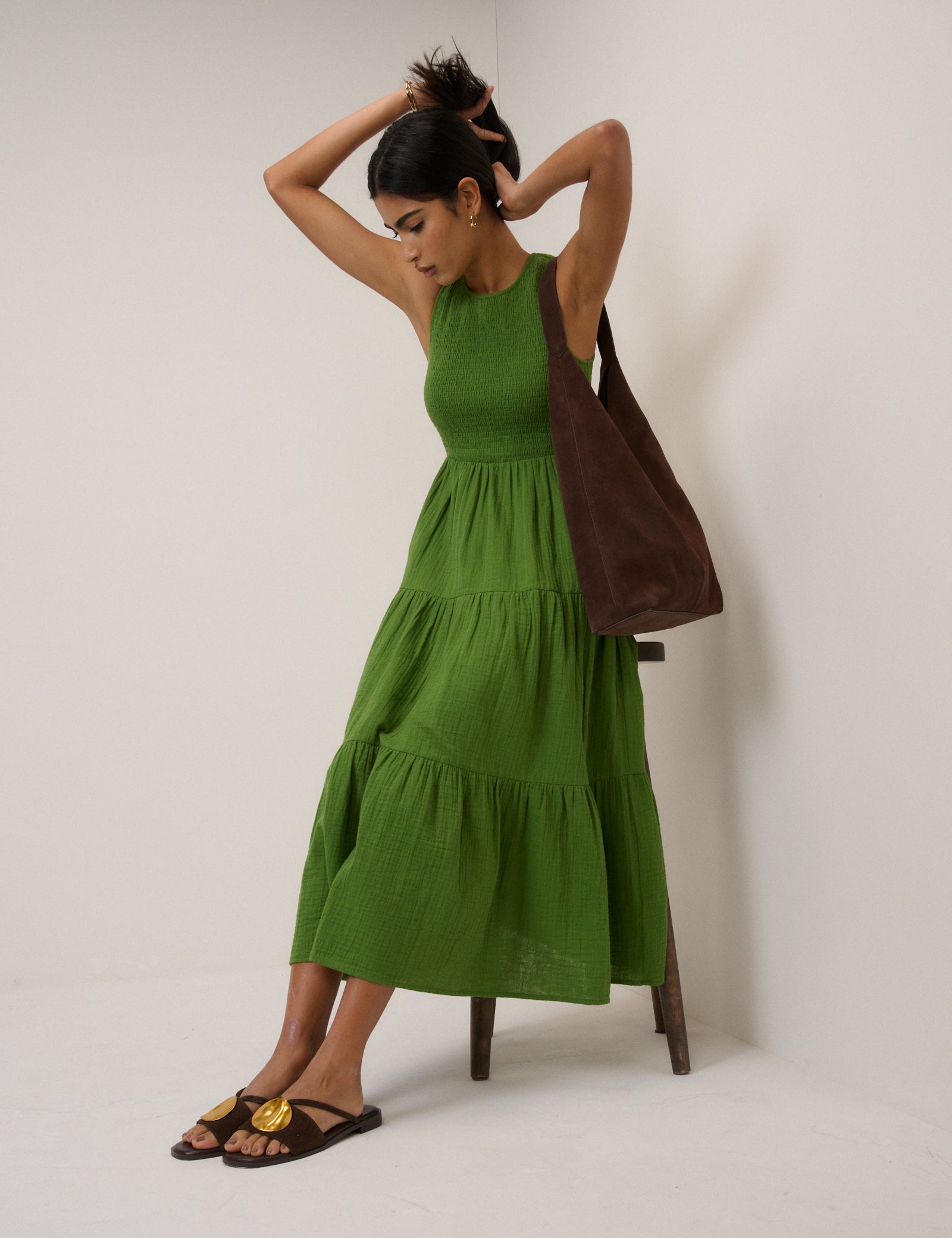 Green Cotton Tiered Shirred Sleeveless Midaxi Dress - Image 3