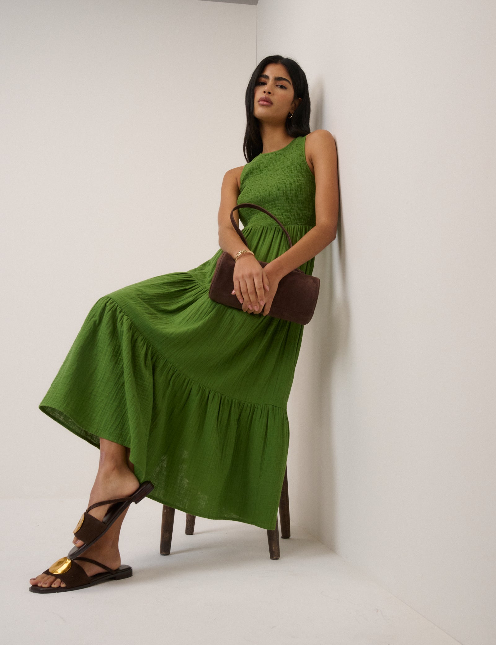 Green Cotton Tiered Shirred Sleeveless Midaxi Dress - Image 2