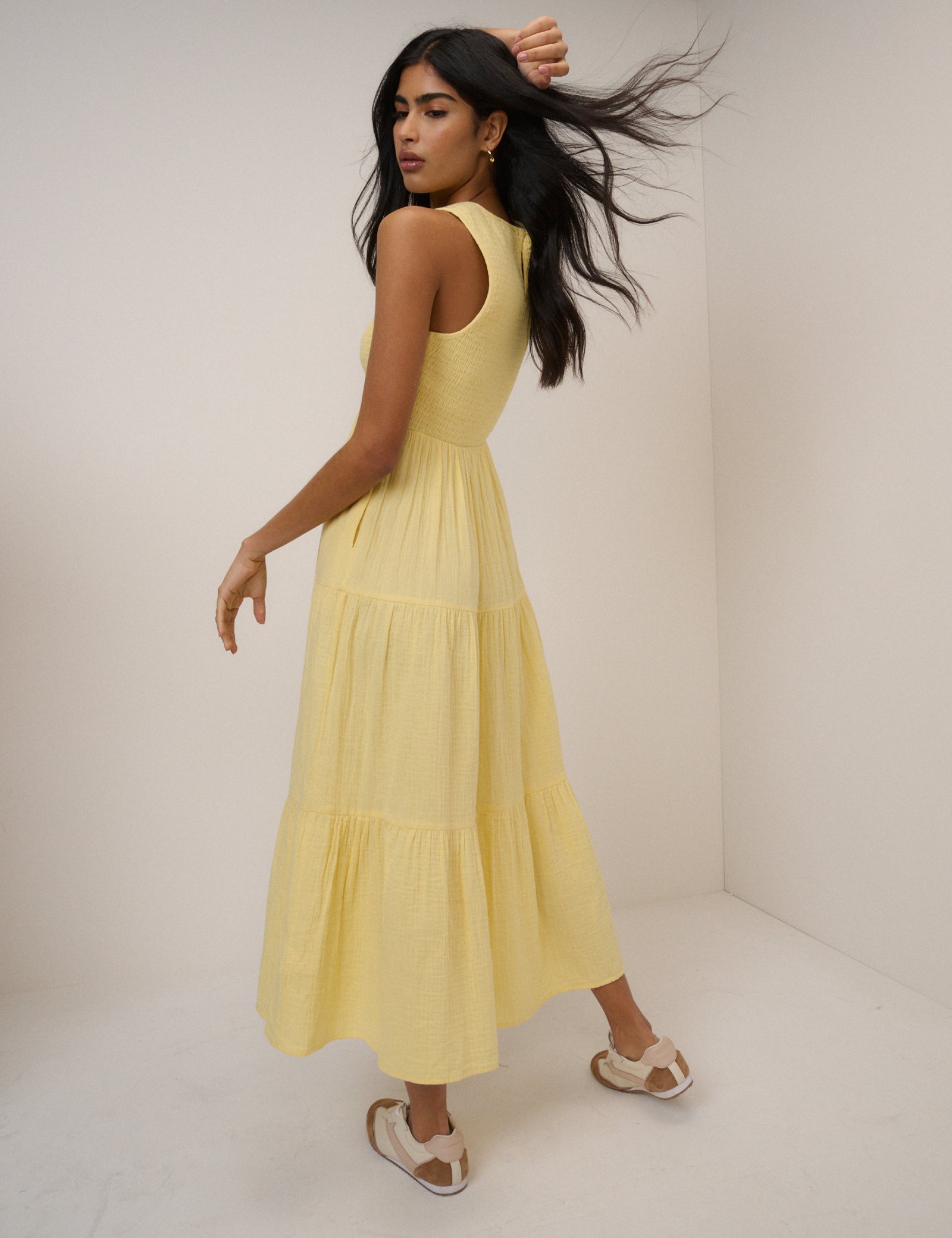 Yellow Cotton Tiered Shirred Sleeveless Midaxi Dress - Image 5