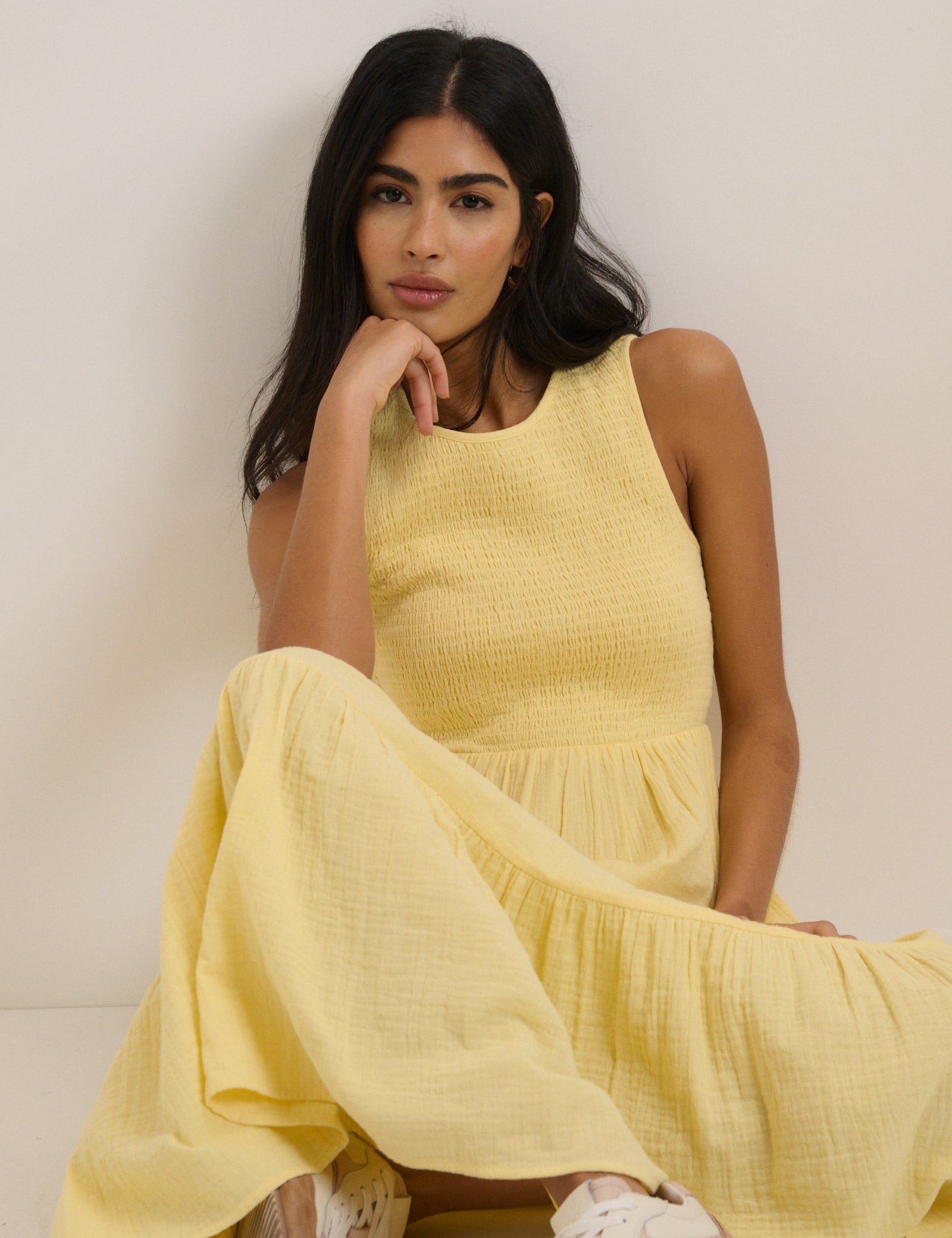 Yellow Cotton Tiered Shirred Sleeveless Midaxi Dress - Image 2