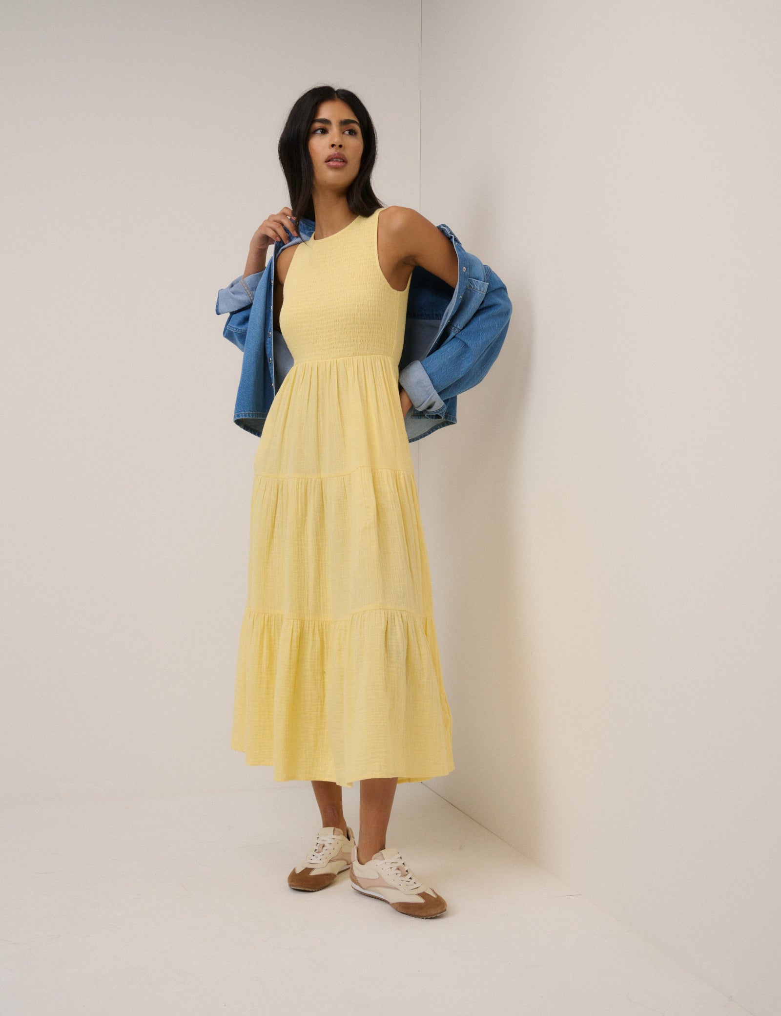 Yellow Cotton Tiered Shirred Sleeveless Midaxi Dress