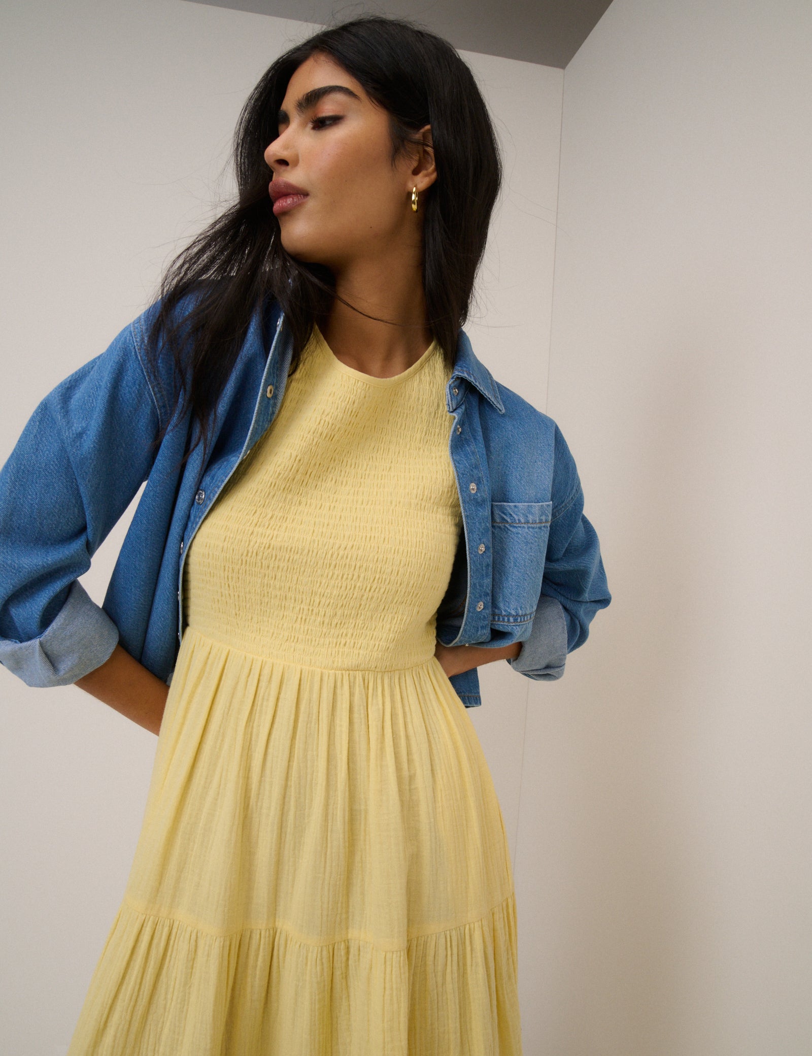 Yellow Cotton Tiered Shirred Sleeveless Midaxi Dress - Image 3