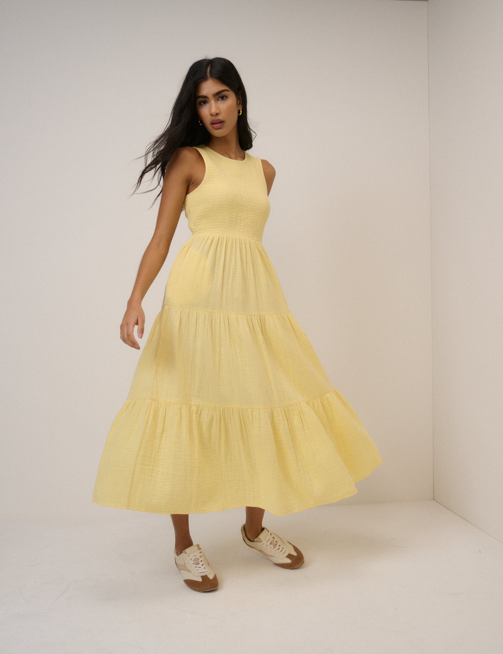 Yellow Cotton Tiered Shirred Sleeveless Midaxi Dress - Image 4