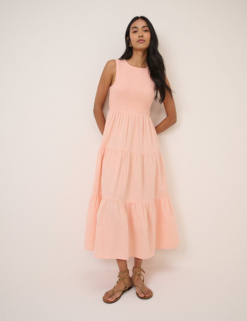 Pink Coral Cotton Tiered Shirred Midaxi Dress