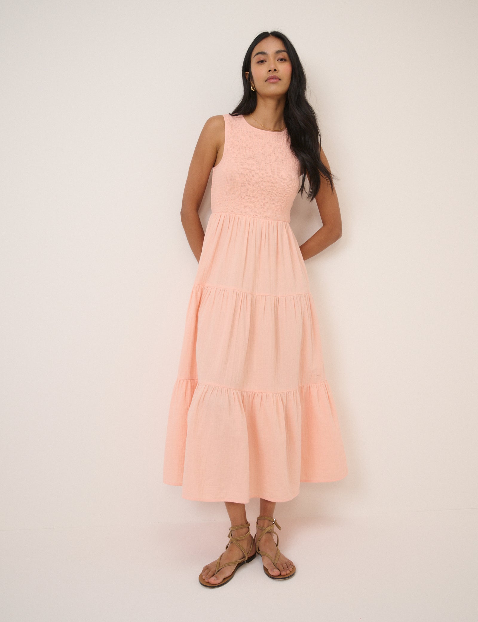 Pink Coral Cotton Tiered Shirred Midaxi Dress