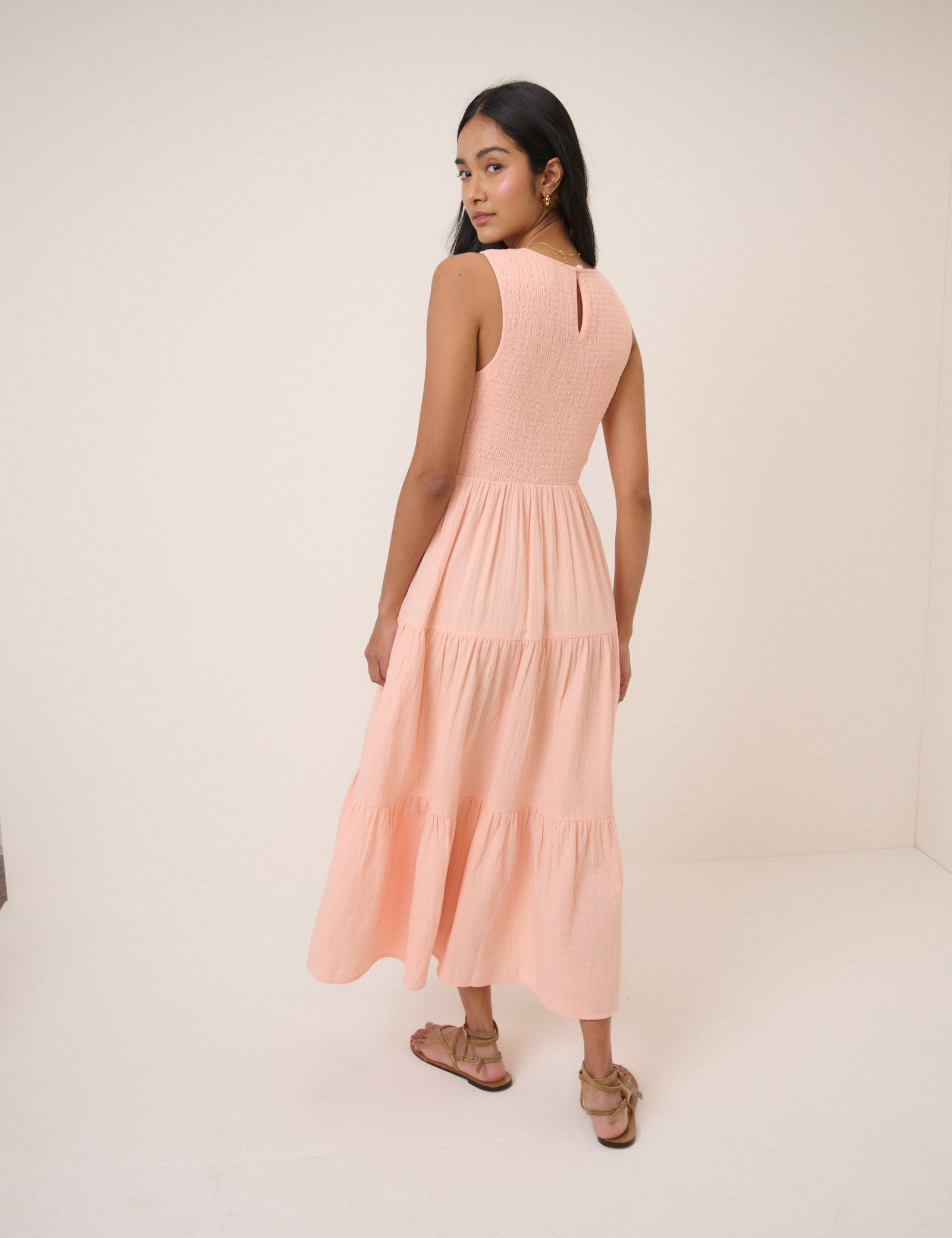 Pink Coral Cotton Tiered Shirred Midaxi Dress - Image 4