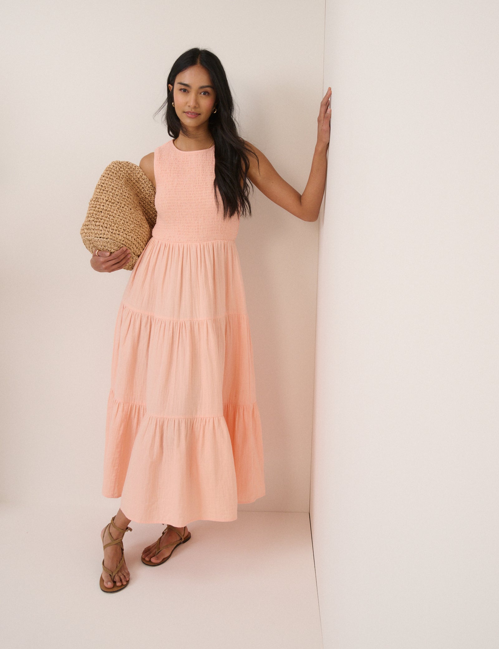 Pink Coral Cotton Tiered Shirred Midaxi Dress - Image 5