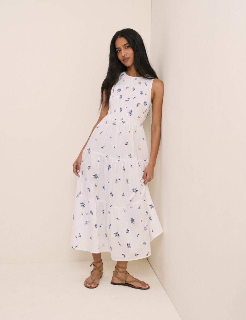 White Floral Cotton Tiered Shirred Midaxi Dress