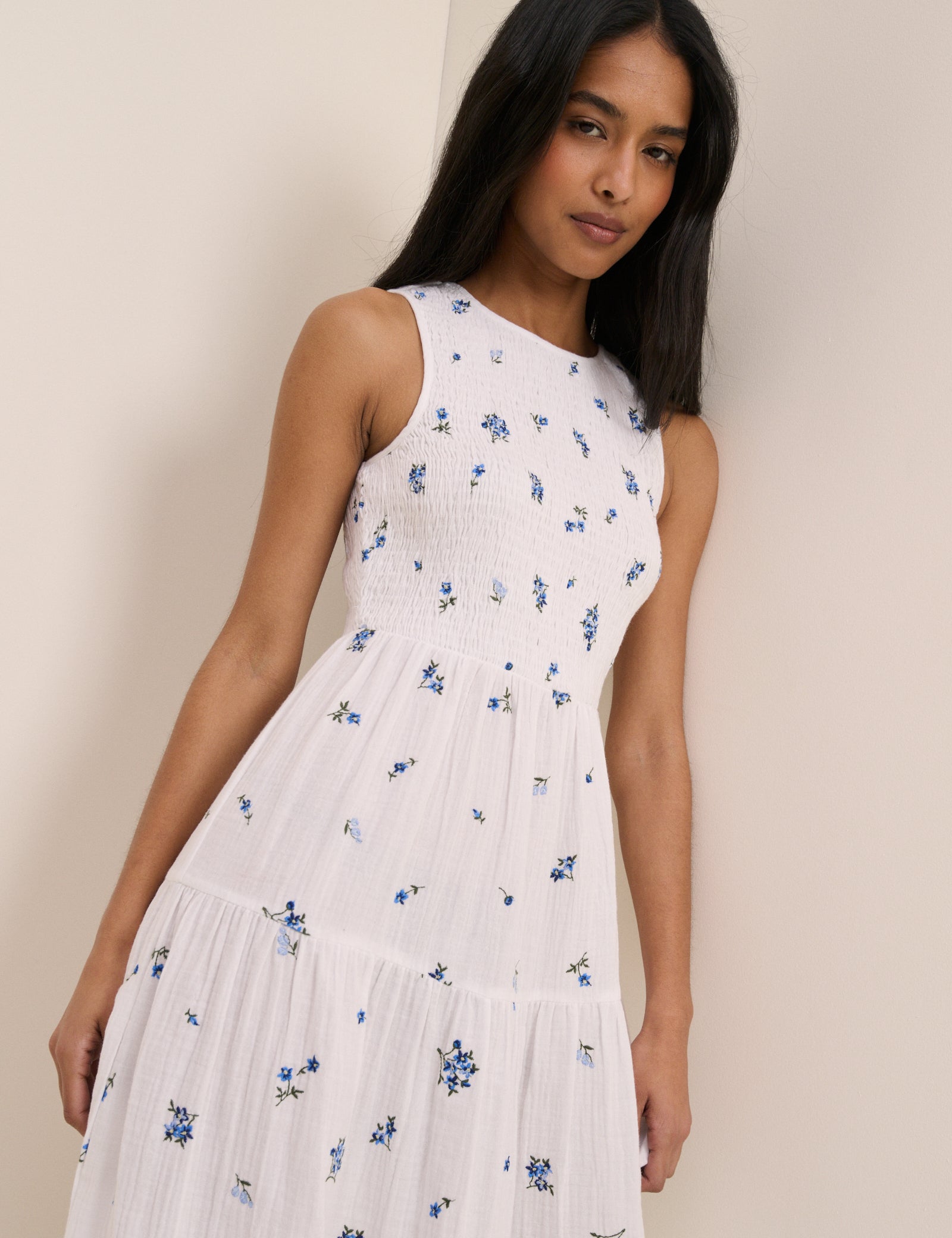 White Floral Cotton Tiered Shirred Midaxi Dress - Image 4